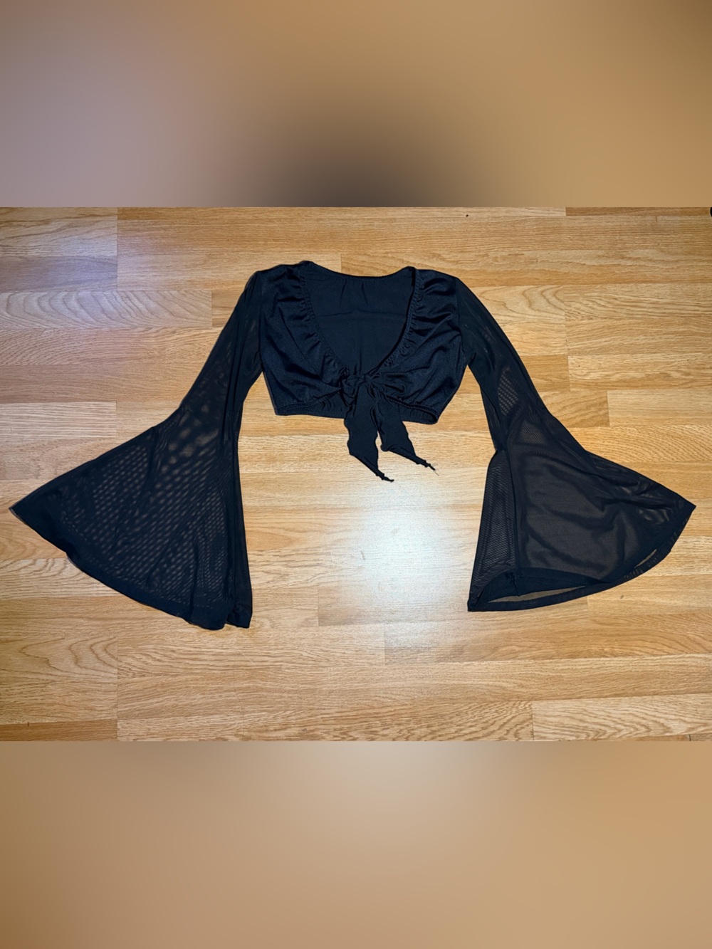 iHeartRaves Black Sheer Tie-Front Bell Sleeve Crop Top
